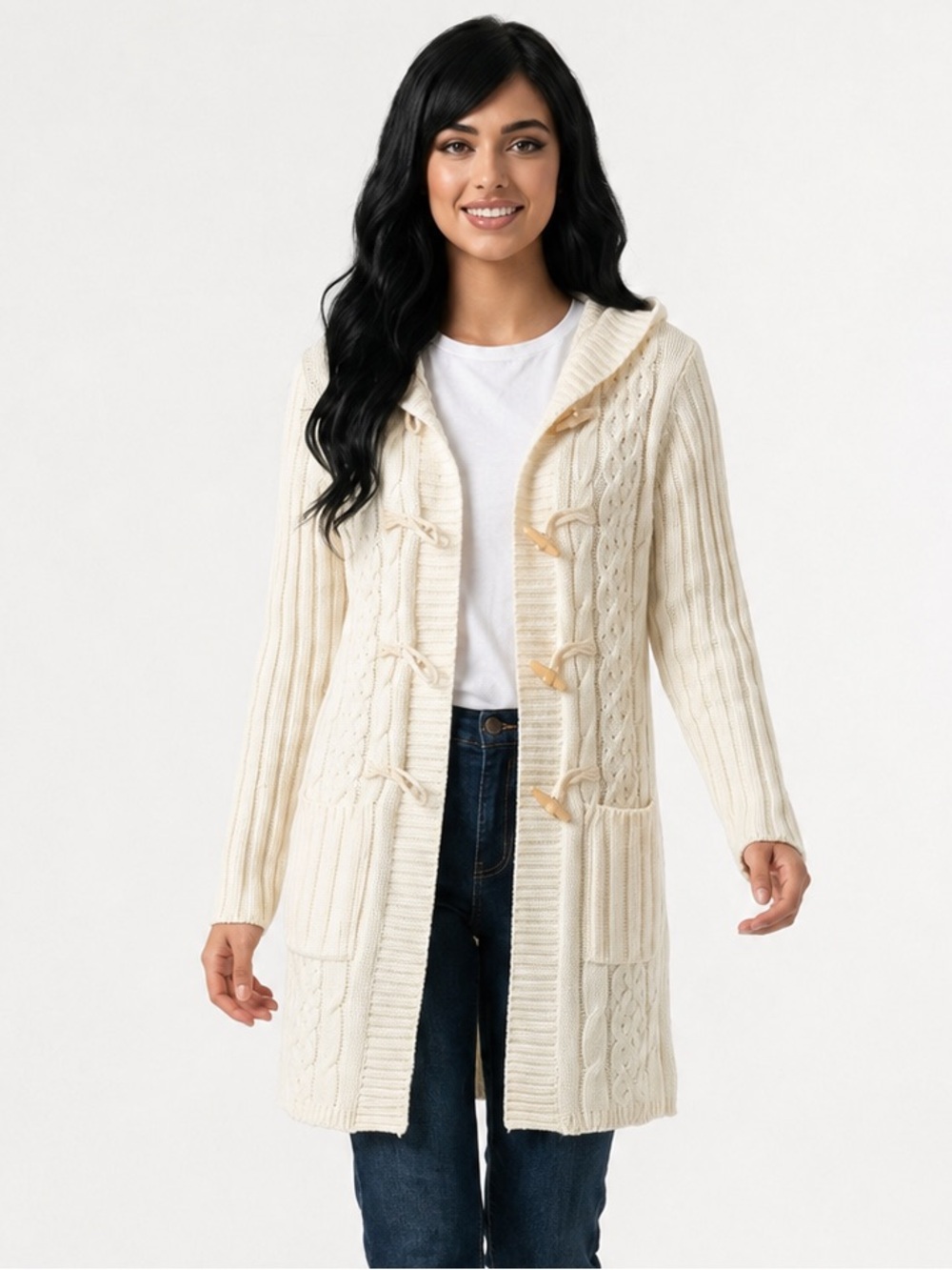 Coreir Ivory Cable Knit Hooded Toggle Long Cardigan Sweater Coat M